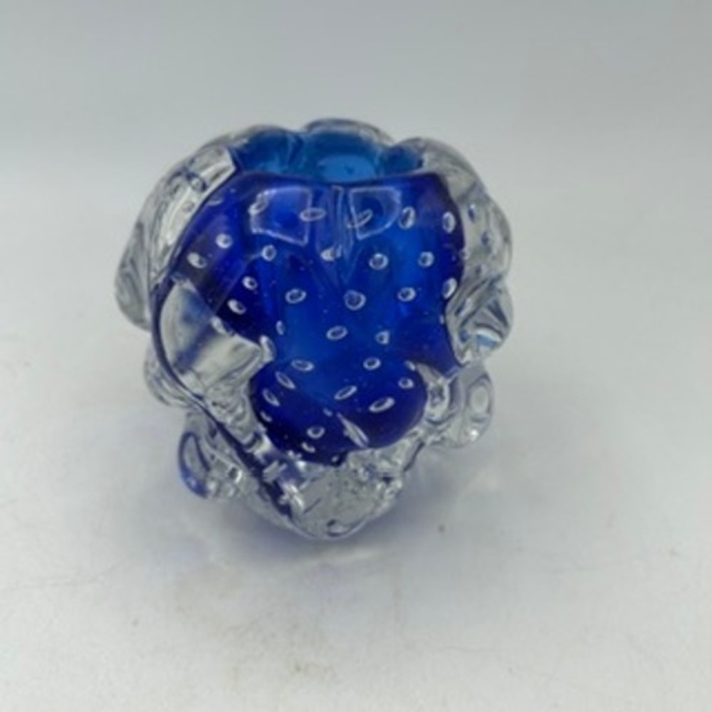 MCM Cobalt Blue Controlled Bubble Art Glass Vase Desk Holder Cased Smooth 3in